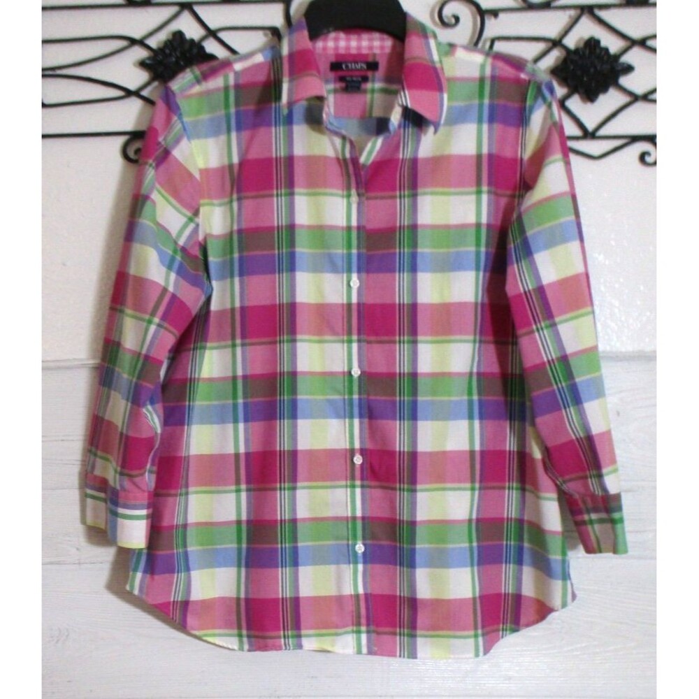 Chaps No Iron Button Up Top Women's Size XL Multicolor Plaid Long Sleeve